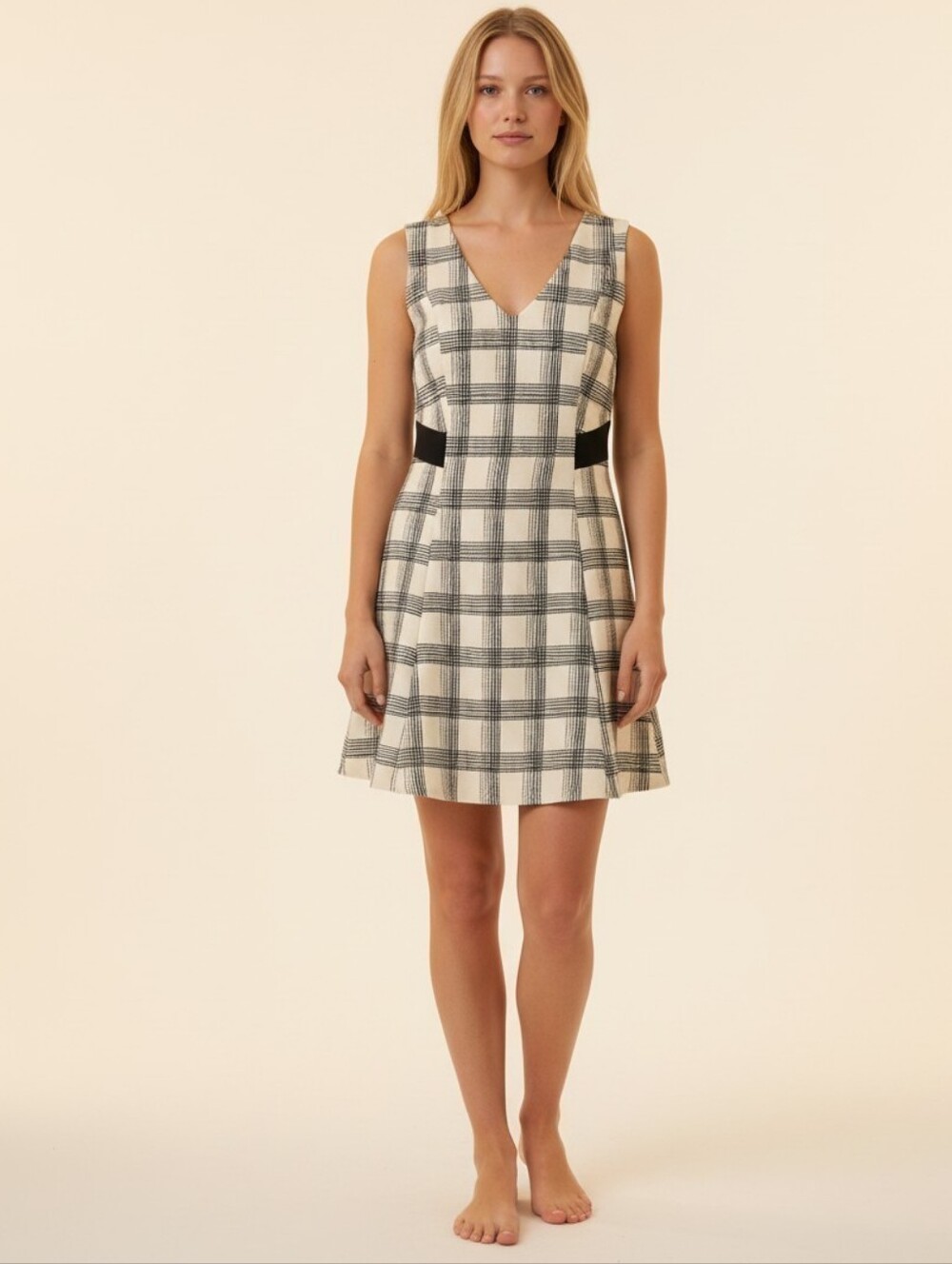 NWT LUSH Cream & Black Plaid Sleeveless Fit & Flare Mini Dress V-neck Size Large